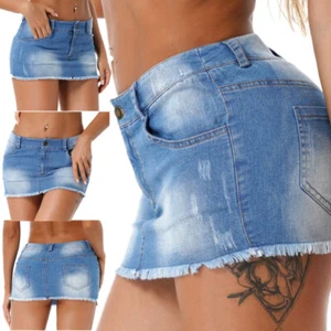 FEESHOW Women's Denim Mini Skirt Casual High Waist Frayed Hem Bodycon A-line - Bild 1 von 1