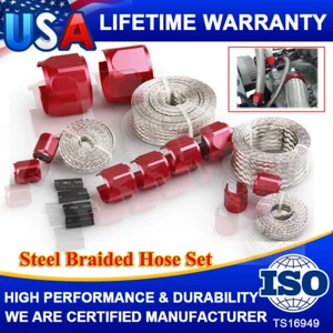 Red New Steel Braided Hose Set Engine Dress Up Kit Radiator/Vacuum/Fuel/Oil Line - Picture 1 of 12