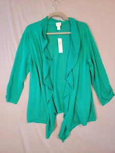 Chicos Waterfall Fabulous Ruffle Cardigan Sweater Sz 2 Large Congo Green New - Picture 1 of 11