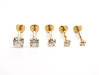 Pendientes Nariz Anillo Espalda Plana 2-4mm 20G Tono Oro 1/4" Sin Rosca Push Pin Circonita cúbica NUEVO Foto 1 de 4
