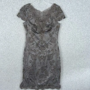 Tadashi Shoji Dress 6 Petite Gray Silver Beaded Sheath Cocktail Formal Lace MOTB - Picture 1 of 13