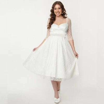 Unique Vintage Dress Size Medium Ivory Polka Dot Lamar Wedding Bridal Swing - Image 1 of 4
