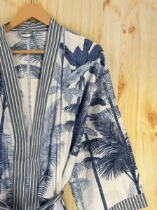 Indisch blau Palme gestreift Kimono Baumwolle Braut Bademantel Maxi Nachthemd USA - Bild 1 von 8