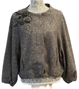 Chaqueta de tweed gris oscuro recortada Elle mangas Dolman apliques florales 3D XL - Imagen 1 de 15