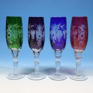 Ajka Marsala Hungary Crystal - 4 Colors - 4 Champagne Flutes Glasses - 8 inches - Picture 1 of 4