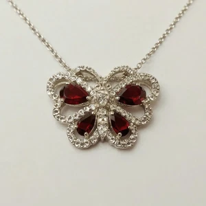 Elegant Genuine Garnet & Topaz Butterfly Pendant Necklace Sterling Silver - Picture 1 of 9