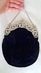 BORSA CHATELAINE DA DONNA EDOARDIANA 1914 ARGENTO MASSICCIO/STERLING CON VELLUTO BLU - Foto 1 di 20
