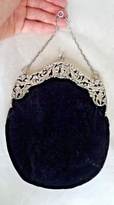 BORSA CHATELAINE DA DONNA EDOARDIANA 1914 ARGENTO MASSICCIO/STERLING CON VELLUTO BLU - Immagine 1 di 4