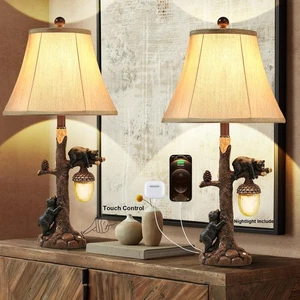 Rustic Western Bear Table Lamp with Nightlight Set of 2 26“ Rustic Bedside La... - Picture 1 of 8