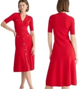 J Crew rotes Rippstrick Midikleid Gr. XS (0,2,4) goldfarben geknöpft Shirtkleid - Bild 1 von 6