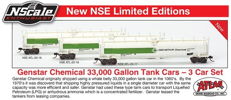 N SCALE ENTHUSIAST (N) SP. RUN ATLAS GENSTAR 33,000 GAL. TANK CAR 3 CAR SET - Image 1 of 1