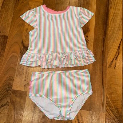 Conjunto de traje de baño a rayas con volantes traseros niñas talla 5 preppy seersucker Foto 1 de 4