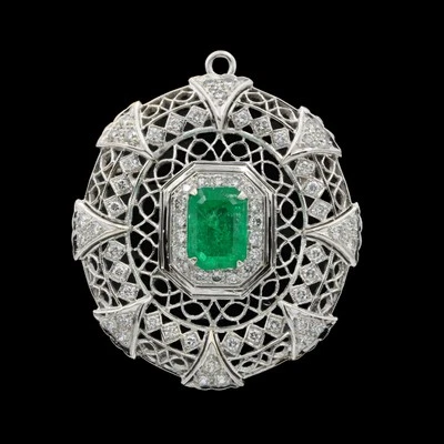 18k White Gold 3.32ct Emerald & 1.16ctw Diamond Brooch Pendant #E155605-2 - Image 1 of 4