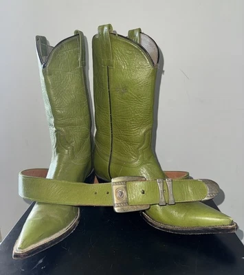 Vtg Sz 7 7.5 Green Leather Cowboy Boots Women's Dress Belt QUALITY Rockabilly 70 - Image 1 of 4
