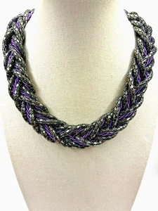 Multi Strand Black Metallic Mesh Chain With Purple Cord Braided Choker Necklace - Picture 1 of 20