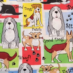 Cotton Fabric Cartoon Dogs Woof Bark Sit Fetch 17x44" Multicolor Breeds  - Picture 1 of 12