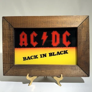 RARE vintage AC/DC Back In Black Carnival Prize Glass, Wood Framed 10" x 7" - Picture 1 of 5