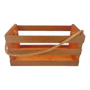 Wooden Slats Basket Crate With Rope Handle Stained Wood 16”x8”x8” - Picture 1 of 9