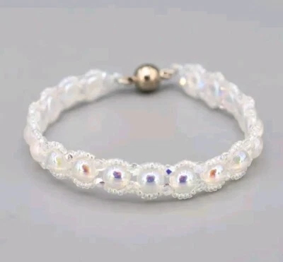 Armband Damen Schmuck handarbeit Weiß Silber Perlen Glasperlen 17cm Magnetisch - Bild 1 von 4