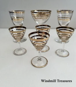 7 VINTAGE GOLD RING BANDED STEM DRINKING GLASSES - GREAT CONDITION - Picture 1 of 9