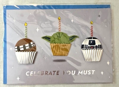 Papyrus Star Wars Metallic Cupcakes Felt Chewbacca Yoda R2D2 Birthday Card - Image 1 of 3
