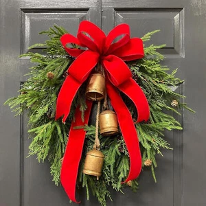 Christmas Wreath with Ribbon Bell for Front Door 30CM Greenery Wreath Pine - Picture 1 of 5