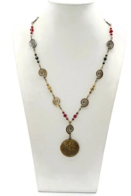 Collar Medallón Tono Latón Rojo Cristal Cuentas Pájaro 24" Foto 1 de 4