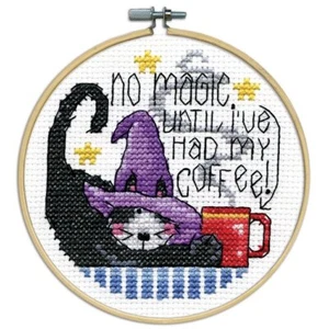 Kit de punto de cruz ~ Design Works HOOPLA café que dice gato con aro de madera de 4" #DW7057 - Imagen 1 de 3