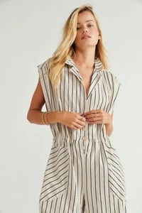 Free People Beach Town Striped Jumpsuit Cotton Linen Natural Size XS Beige - Picture 1 of 3