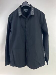 Zara Mens Black Long Sleeve Button-Up Faux Leather Collar Shirt Size XL