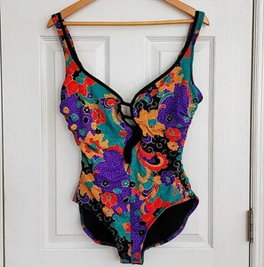 Retro Slim Suit 80's Mod One Piece Swimsuit Floral Underwire Size 16 Plunge Neck - Picture 1 of 15