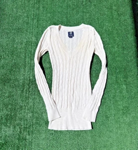 American Eagle Damen Y2K creme V-Ausschnitt Zopfmuster Pullover adrett lang Gr. M MANGELHAFT - Bild 1 von 7