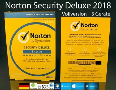 Norton Security Deluxe 2018 Vollversion Box 3 Geräte inkl. Antivirus OVP NEU - Bild 1 von 4