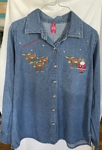 Große 12/14 Damen Langarm Denim/Chambray Weihnachten Shirt Santa & Rentier - Bild 1 von 8