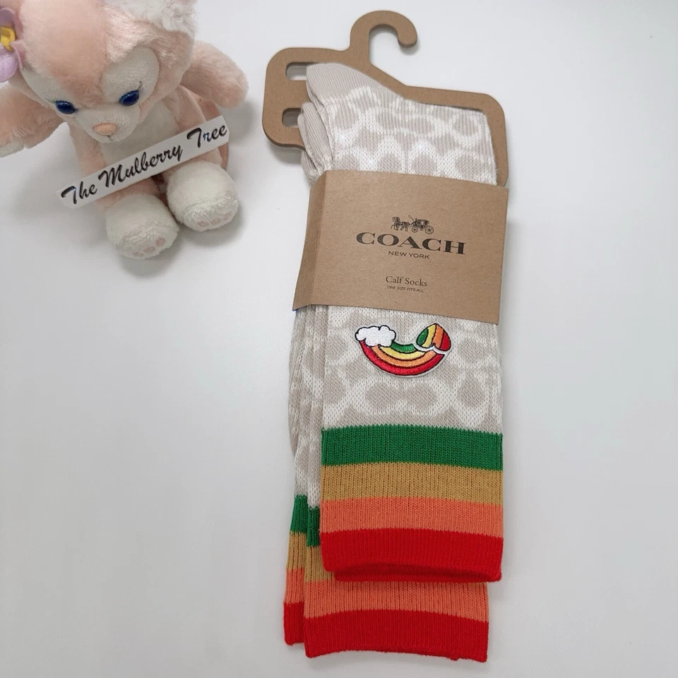 Coach CJ715 Cute Rainbow Signature Calf Length Socks Set Of Two Org