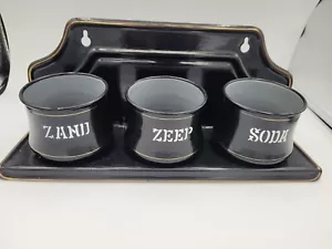 VINTAGE DUTCH ENAMEL WARE LAUNDRY SOAP RACK AND POTS BLACK GOLD ZAND ZEEP SODA - Picture 1 of 13