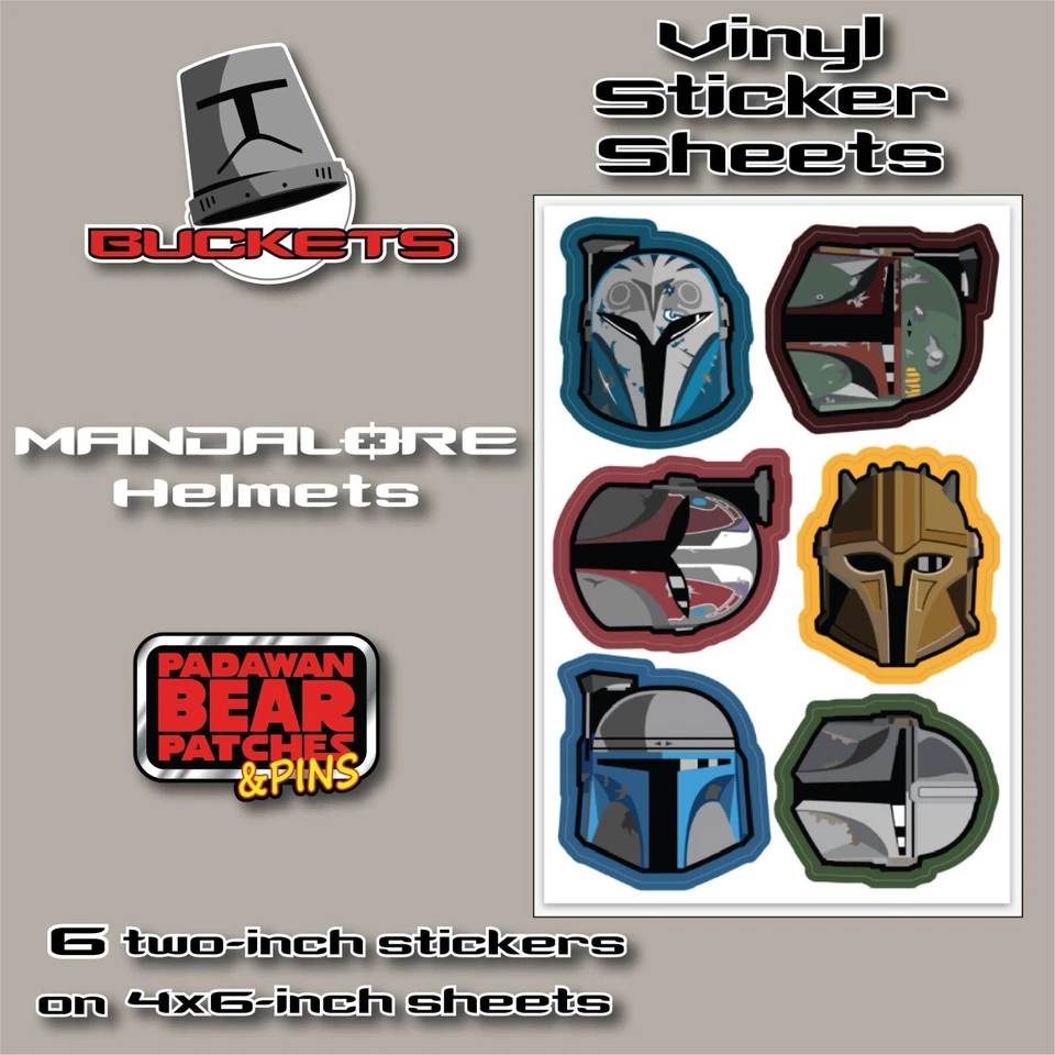 Star Wars BUCKETS Set of 6 Mandalore helmet vinyl 2-inch stickers 4x6 inch sheet - Image 1 of 3