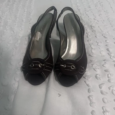 Brown peep toe kitten heel shoes with buckle detail Size 7.5 - Image 1 of 4