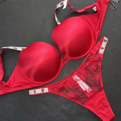NWT Victoria's Secret 38DDD BRA SET XXL THONG Panty RED LACE VS logo SHINE STRAP - Image 1 of 4
