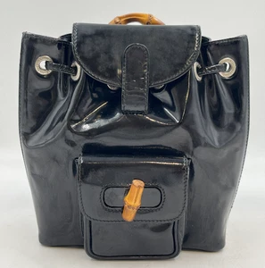 Vintage Gucci Bambus Rucksack Lackleder Emaille Schwarz Mini Kordelzug - Bild 1 von 23