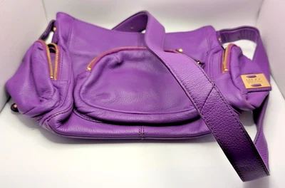 Maxx New York Signature Purple leather Purse animal print liner compartments zip - Image 1 of 4