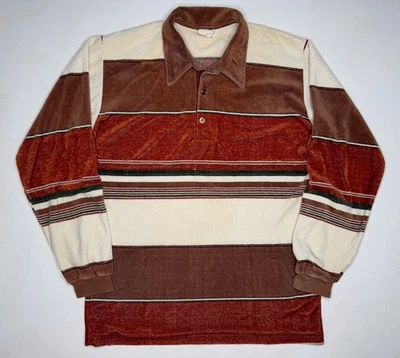 Vintage Mod Velour Brown Green Striped LS Polo Skater Disco Terry Shirt L - Image 1 of 4