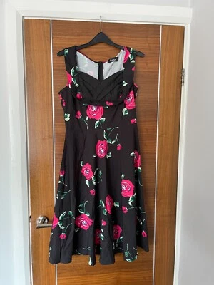 Summer Black Rose Floral 50's Floral Rockabilly Swing Wedding Dress Size UK 10 — 第 1/3 张图片