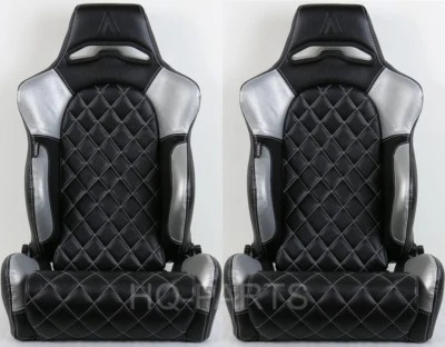 2 X ASIENTOS DE CARRERAS DE CUERO PVC NEGRO Y PLATEADO TANAKA PUNTADA DE DIAMANTE SE ADAPTA A BMW Foto 1 de 4