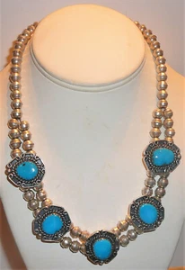 Native turquoise and silver 1970s necklace. Five turquoise silver embellishments - Picture 1 of 4