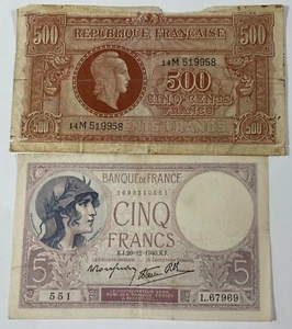 France 1940 5 francs decent note (#572) & 1944 500 francs P-106 lower grade prob - Picture 1 of 2