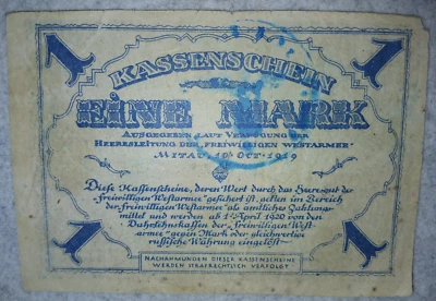 1 Mark 1919  Mittau Latvia Volunteer Western Army Bermondt, P-S226a - Image 1 of 2