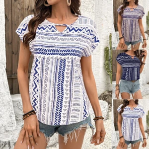 Women Holiday Casual T-shirt V neck Blouse Tops Short Sleeve Summer Tee Size Fit - Picture 1 of 12