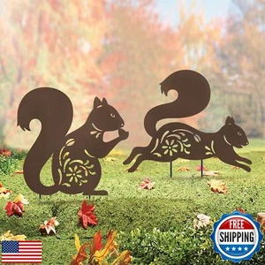 Hokfirm Metal Squirrel Yard Decor,Rusty Fall Statue for Outside,Set of 2 Squi - Picture 1 of 5