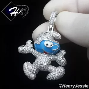 MEN SOLID 925 STERLING SILVER ICY BLING CZ 3D BLUE SMURF CARTOON PENDANT*SP476 - Picture 1 of 5